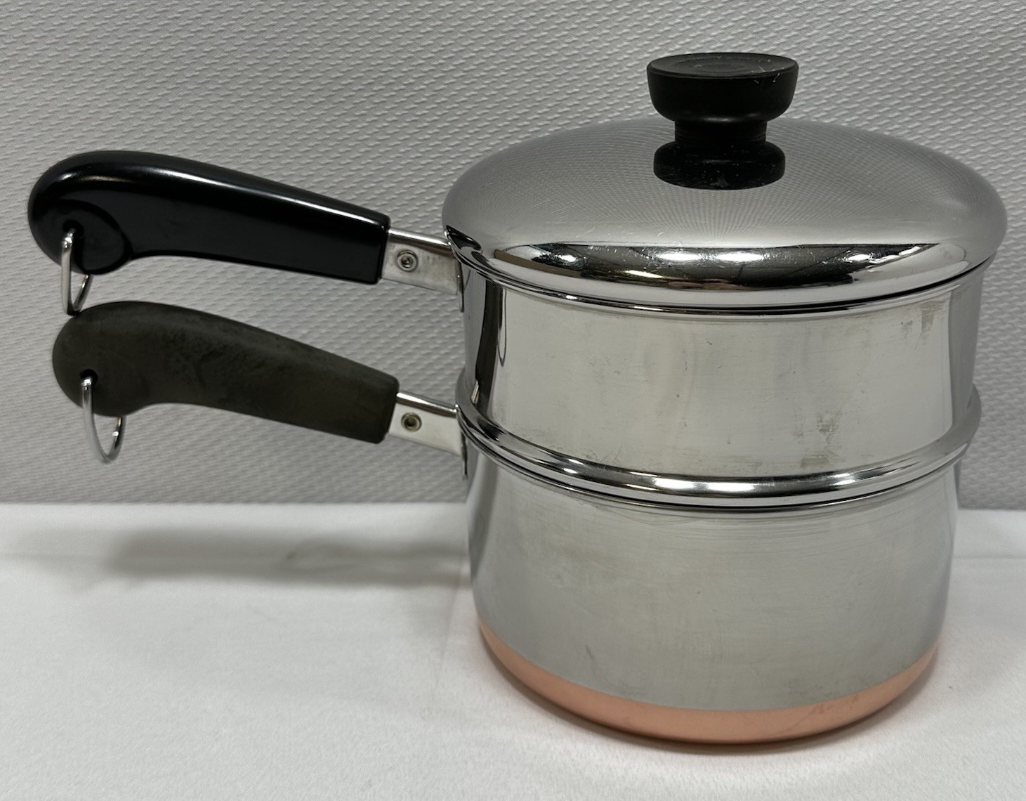 VTG Revere Ware 1 1/2 Qt 93e Copper Bottom Stainless Saucepan, Strainer & Lid
