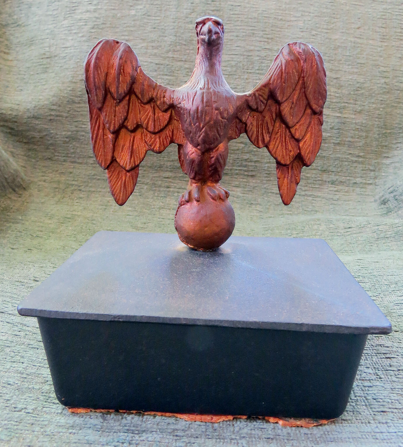RARE ANTIQUE WILTON CAST IRON LIDDED BOX WITH LARGE CHASED EAGLE FINIAL