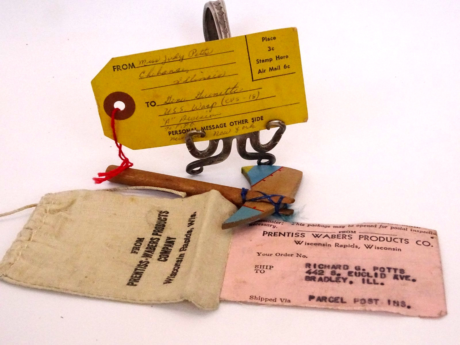 Vintage 1935 Prentiss-Wabers Co Mailing Bag & Souvenir Tomahawk Axe Mahomet IL