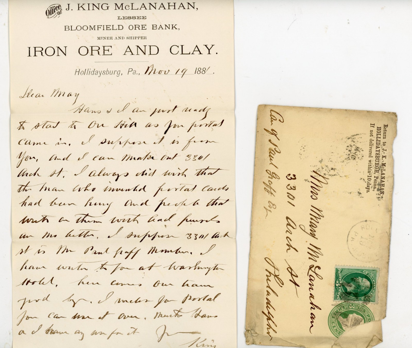 1881 Hollidaysburg PA Letter J King McLanahan Iron Ore Mining Company Envelope