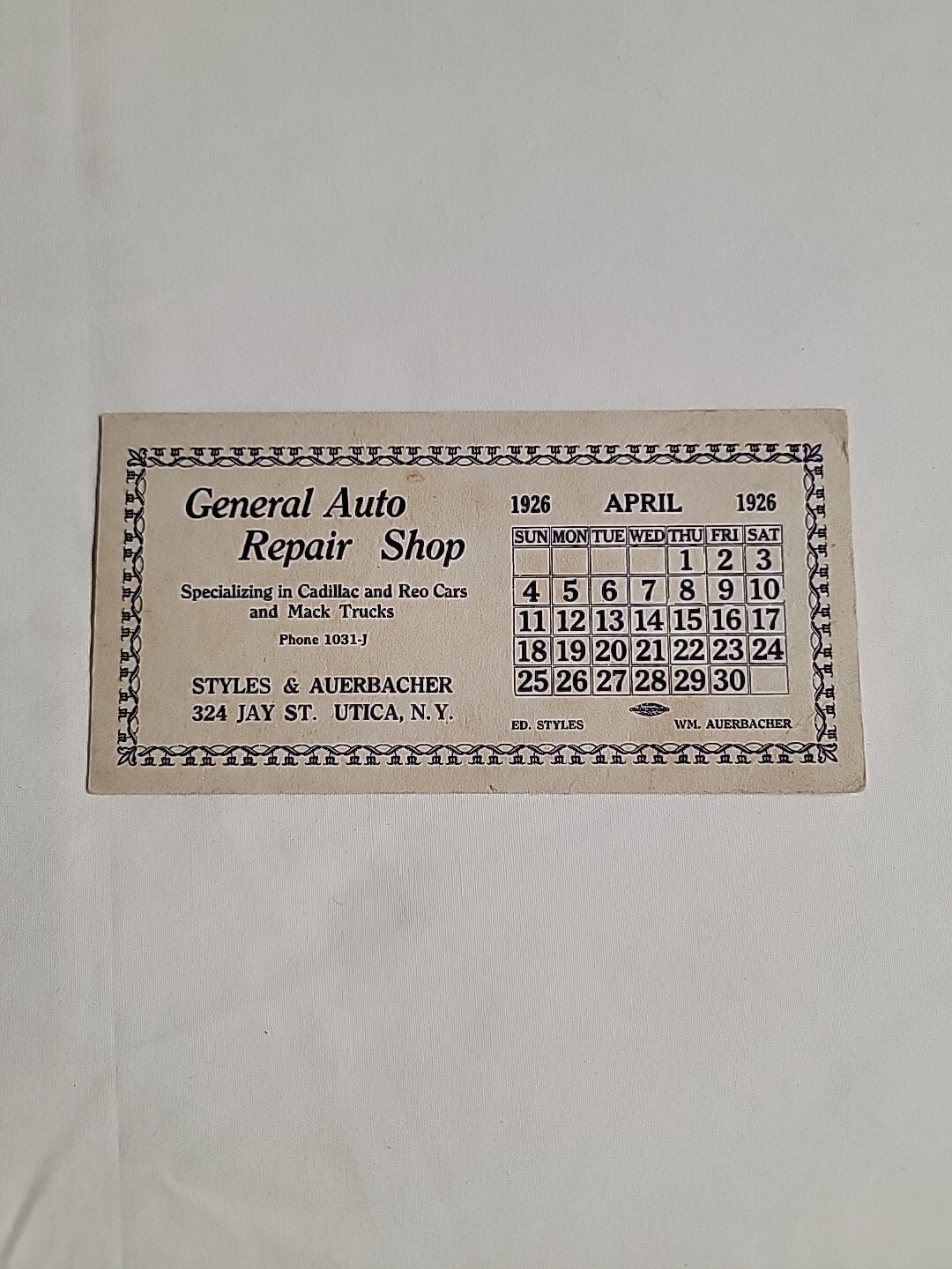 Antique 1926 Auto Shop Advertisement Card Jay St. Utica NY Styles & Auerbacher