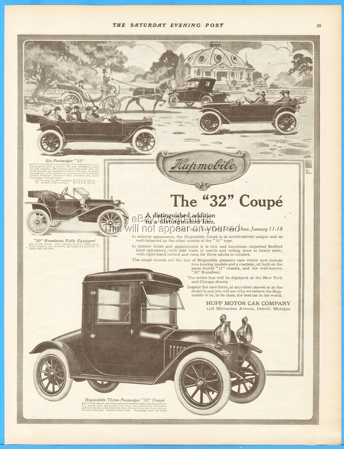 1913 Hupmobile Model 32 Coupe & Touring Car Model 20 Runabout Hupp Motor Car Ad