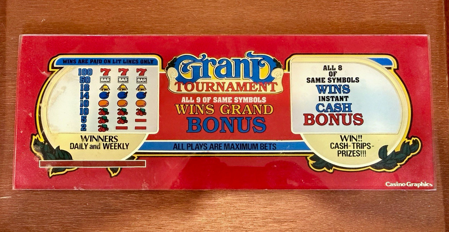Vintage Grand Tournament Slot Machine Glass Belly Sign Marquee Casino Graphics