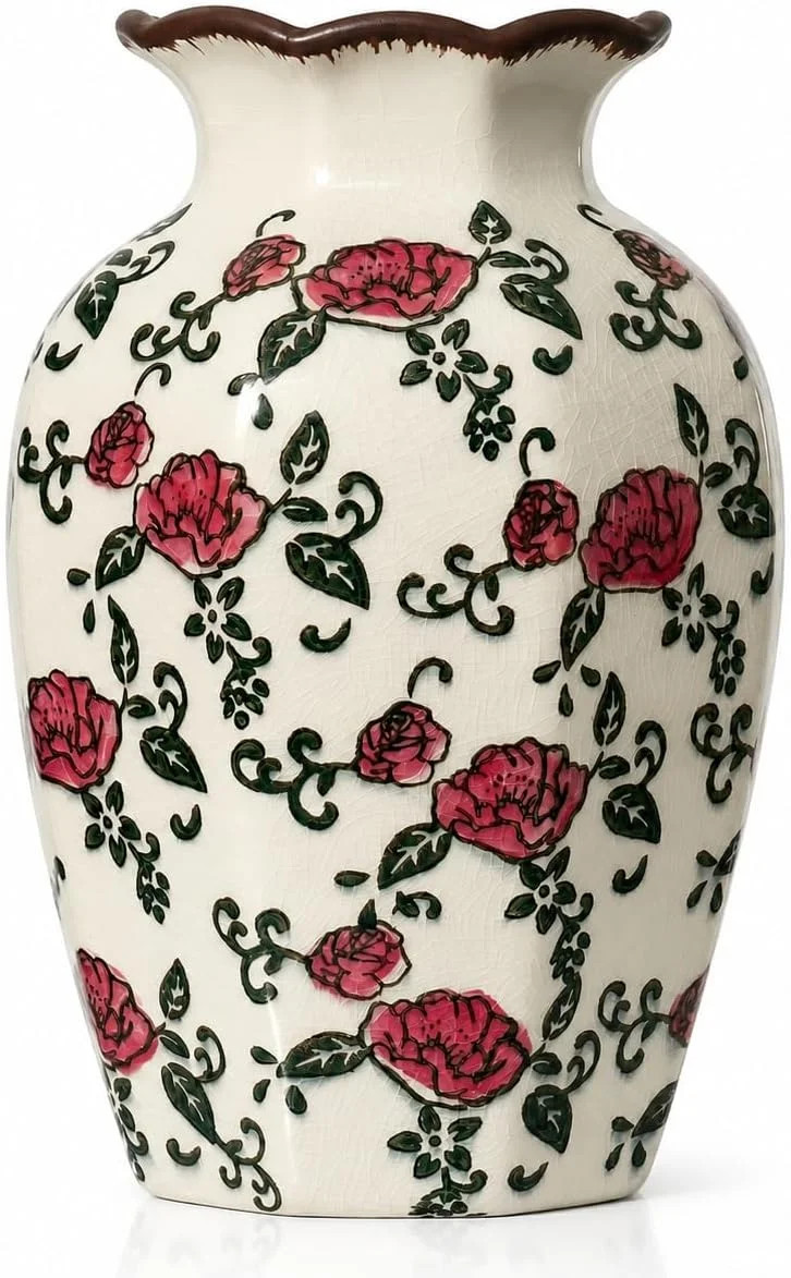 Vintage Ceramic Pitcher Vase 9 Inch Hand Painted Rose Crackle Farmhouse Decor