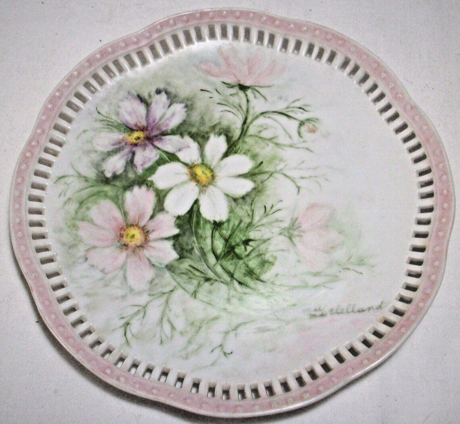 Handpainted Reticulated Pierced Signed Floral Wall Plate: EXC: NR