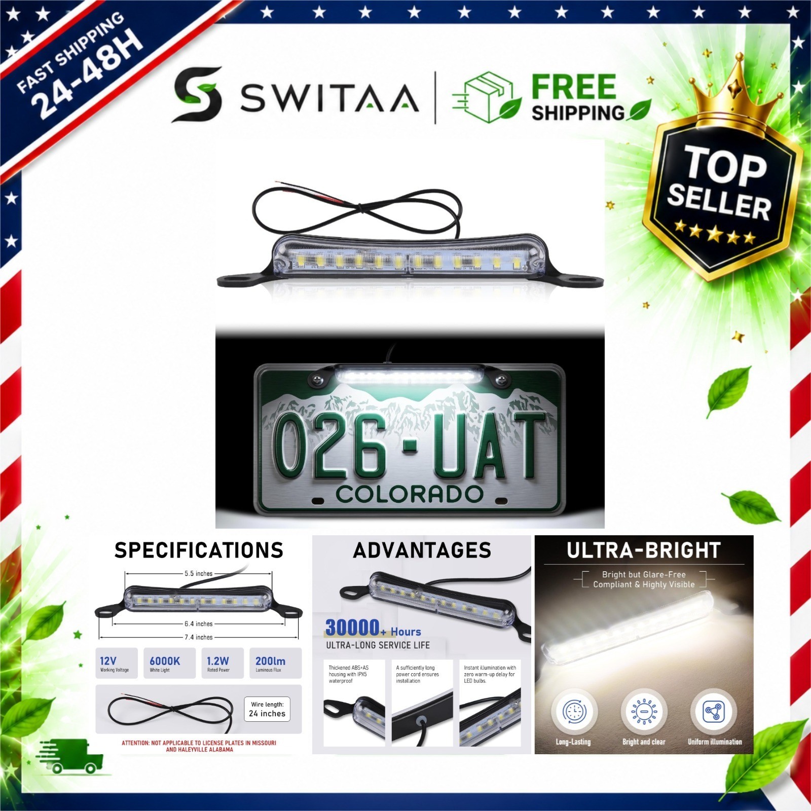 12V Universal LED License Plate Light, Ultra Bright White, Waterproof
