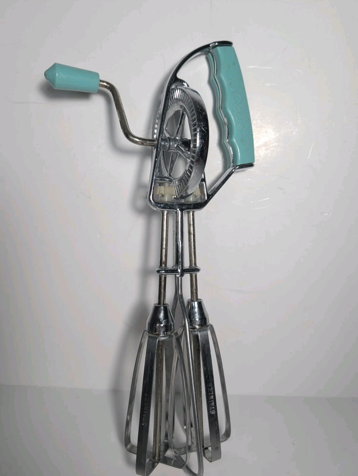 Vintage Sears Stainless Hand Crank Egg Beater, Turquoise Handles