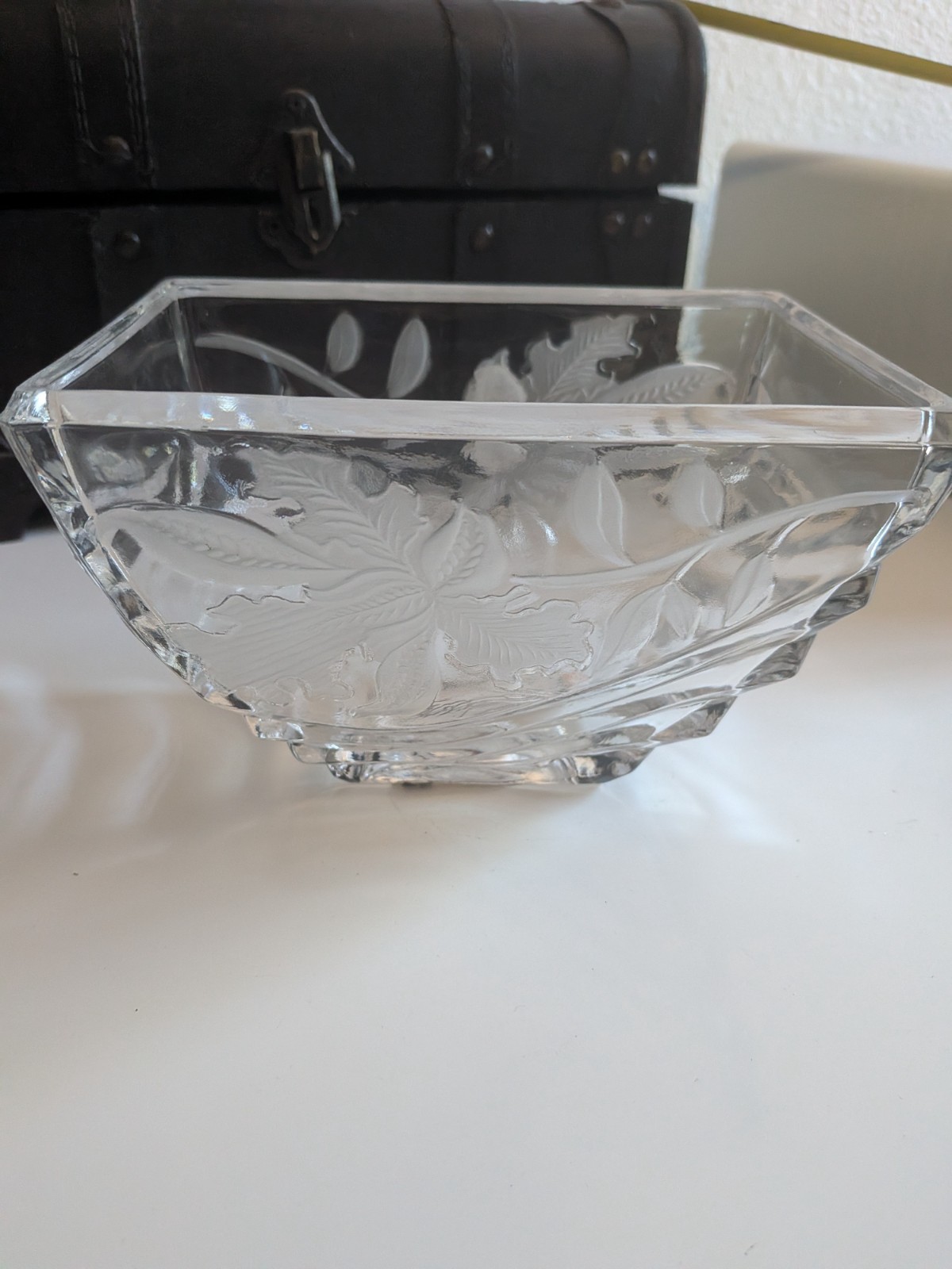 FTD 1989 24% Lead Crystal Rectangle Etched Flower Iris Bowl Vase Germany VTG