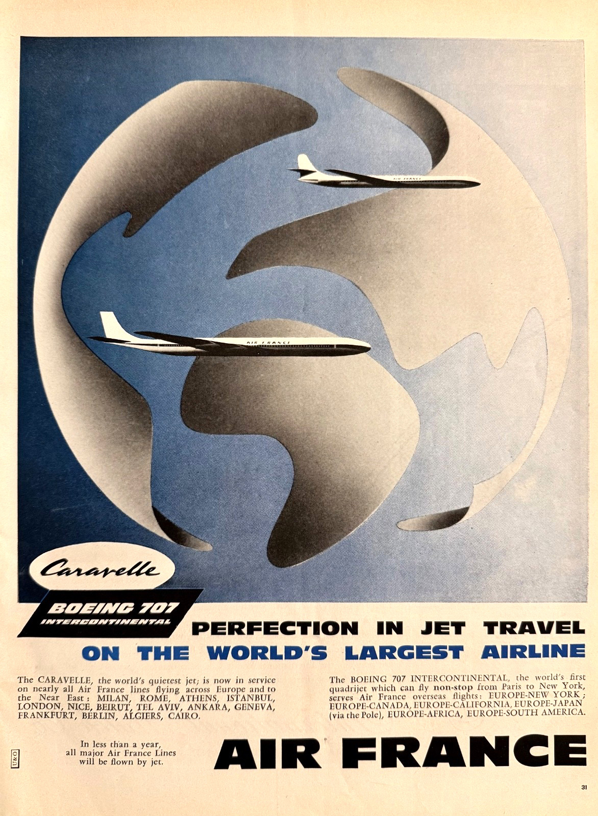 Air France Vintage 1959 Original Print Ad Boeing 707 Intercontinental Aviation