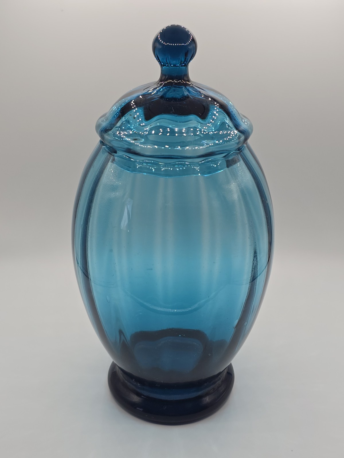 Vintage Italian Empoli Glass Apothecary Jar Lid Blue Green Optic Ribbed 8 1/2\