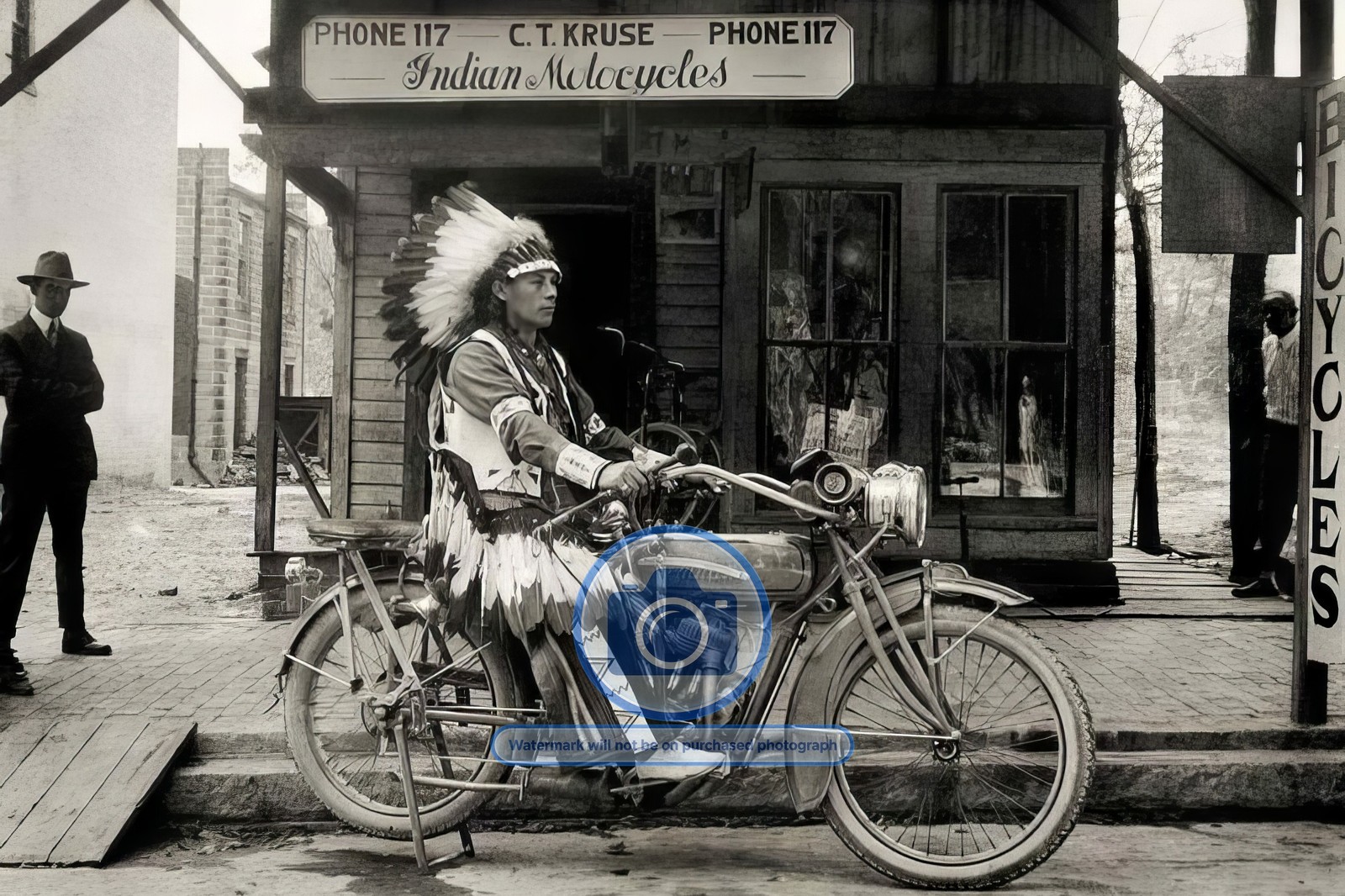 NATIVE AMERICAN CHIEF RIDING MOTORCYCLE OUTSIDE STORE 4X6 PHOTO
