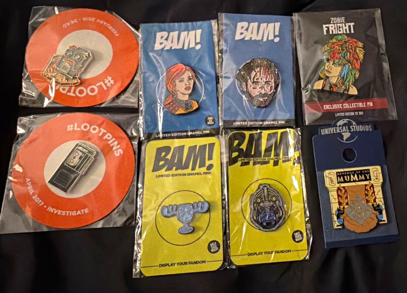 Lot of 8 Enamel Pins: BAM, Zobie Fright, Universal Studios- Mummy, Walking Dead