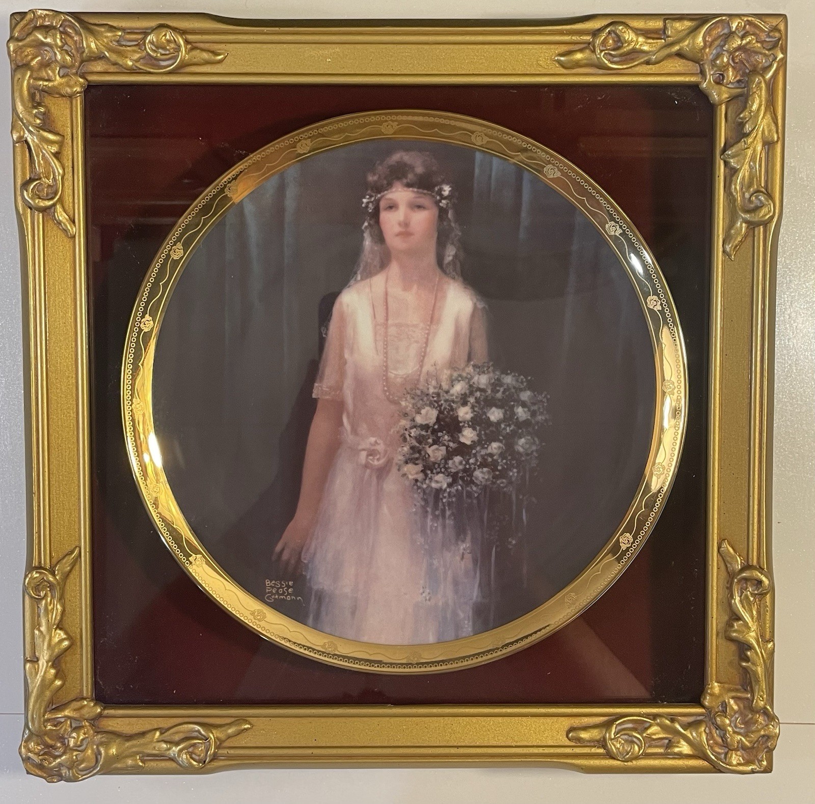 Bessie Pease Gutmann Framed Plate On The Threshold Woodmere China Mint Vintage