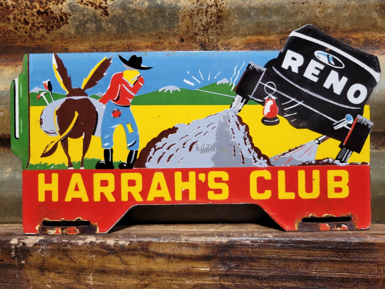 VINTAGE HARRAHS CLUB PORCELAIN SIGN OLD RENO CASINO LAS VEGAS WESTERN TAG TOPPER