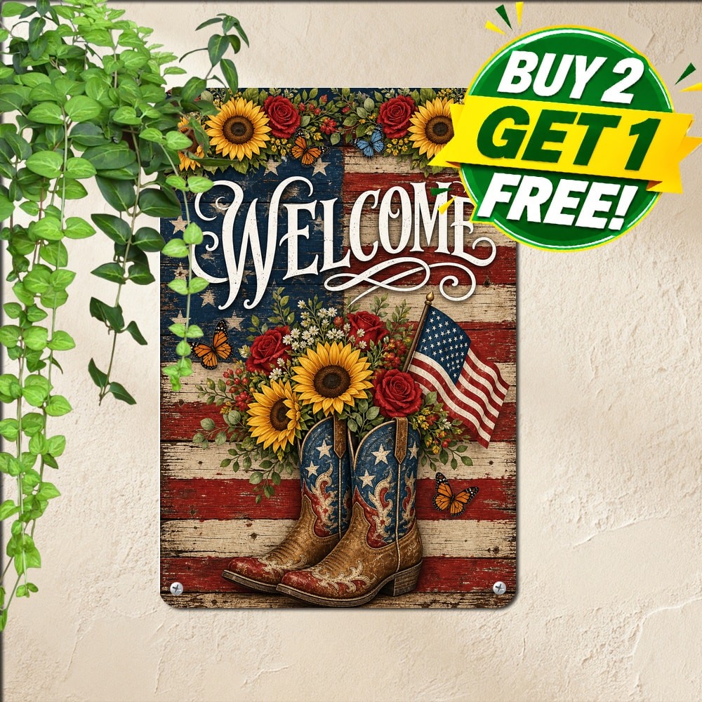 Patriotic Welcome Independence Day Sign Red White Blue Front Door Metal Plaque