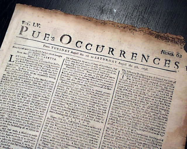 Rare Early 18th Century DUBLIN IRELAND Pue's Occurrences 1759 Original Newspaper