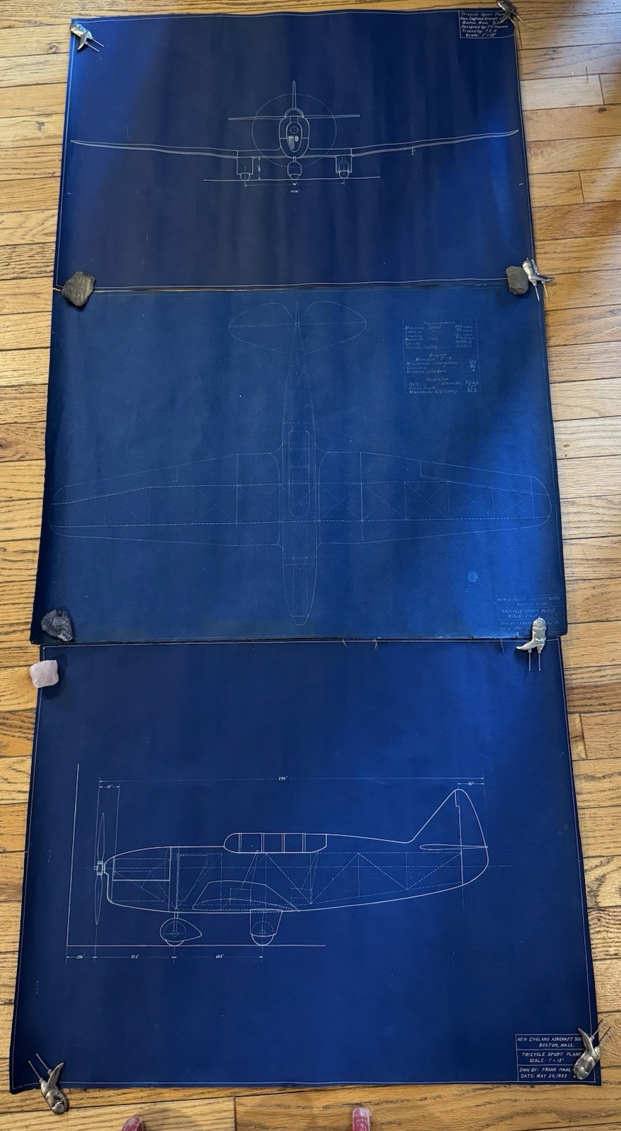 Vintage 1939 Tricycle Sport Plane Blueprints 3-view Set Aviation History Art