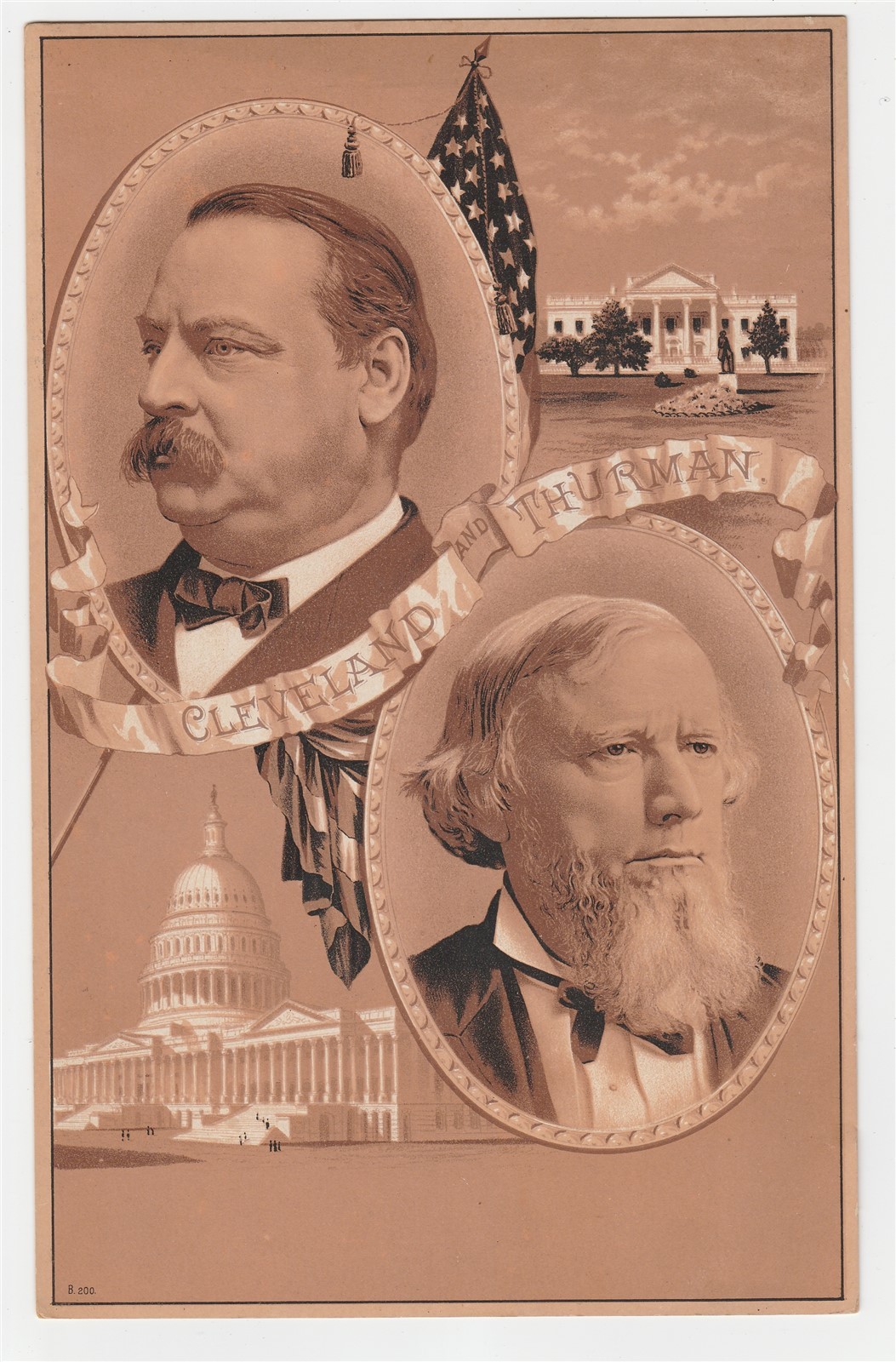 Oversize 1800s lithographed trade card, Grover Cleveland & Allen Thurman