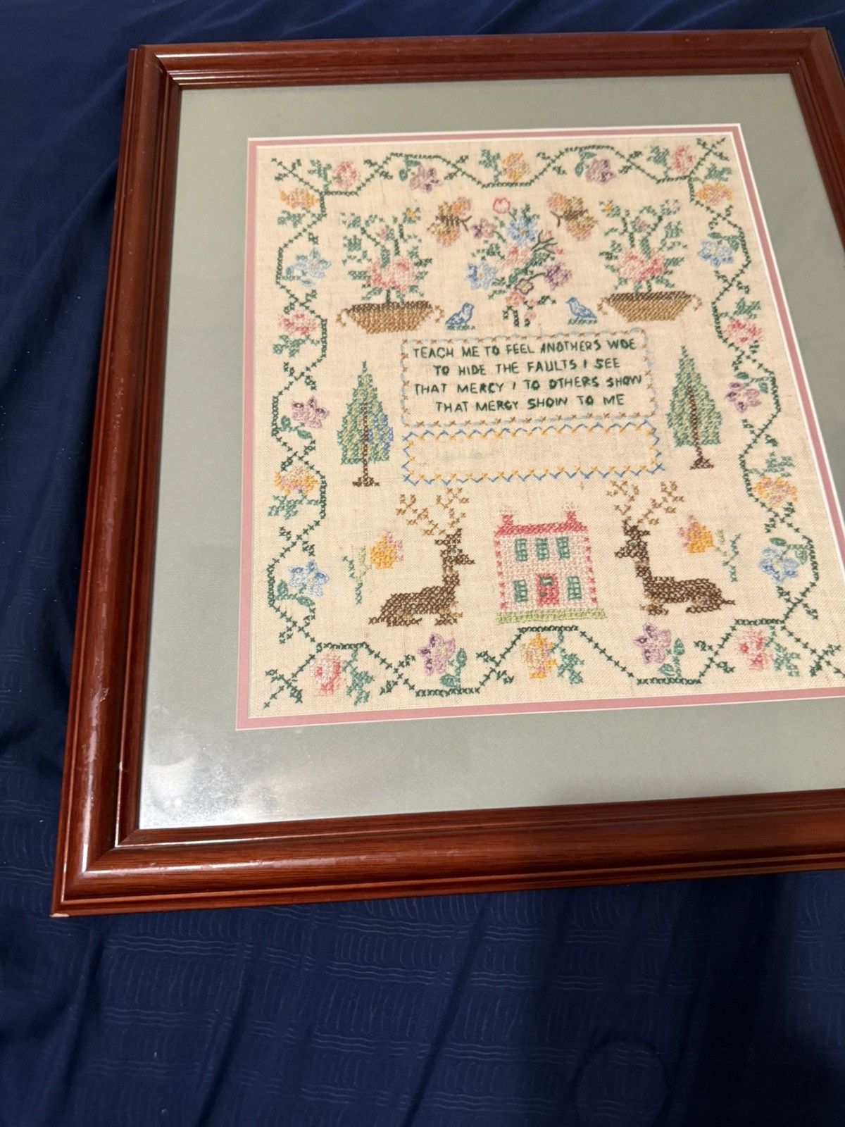 Vintage Sampler Cross Stitch Framed 1967 Handmade 19x17 Trees Deer Etc Vintage Sampler Cross Stitch Framed 1967 Handmade 19x17 Trees Deer Etc