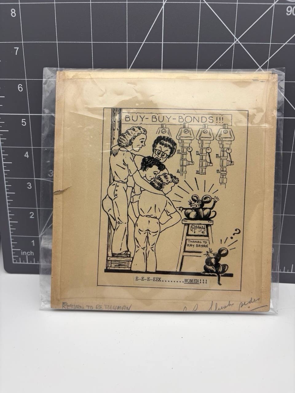 1945 Original Cartoon Art WWII War Bonds Buy Bonds Editorial Illustration