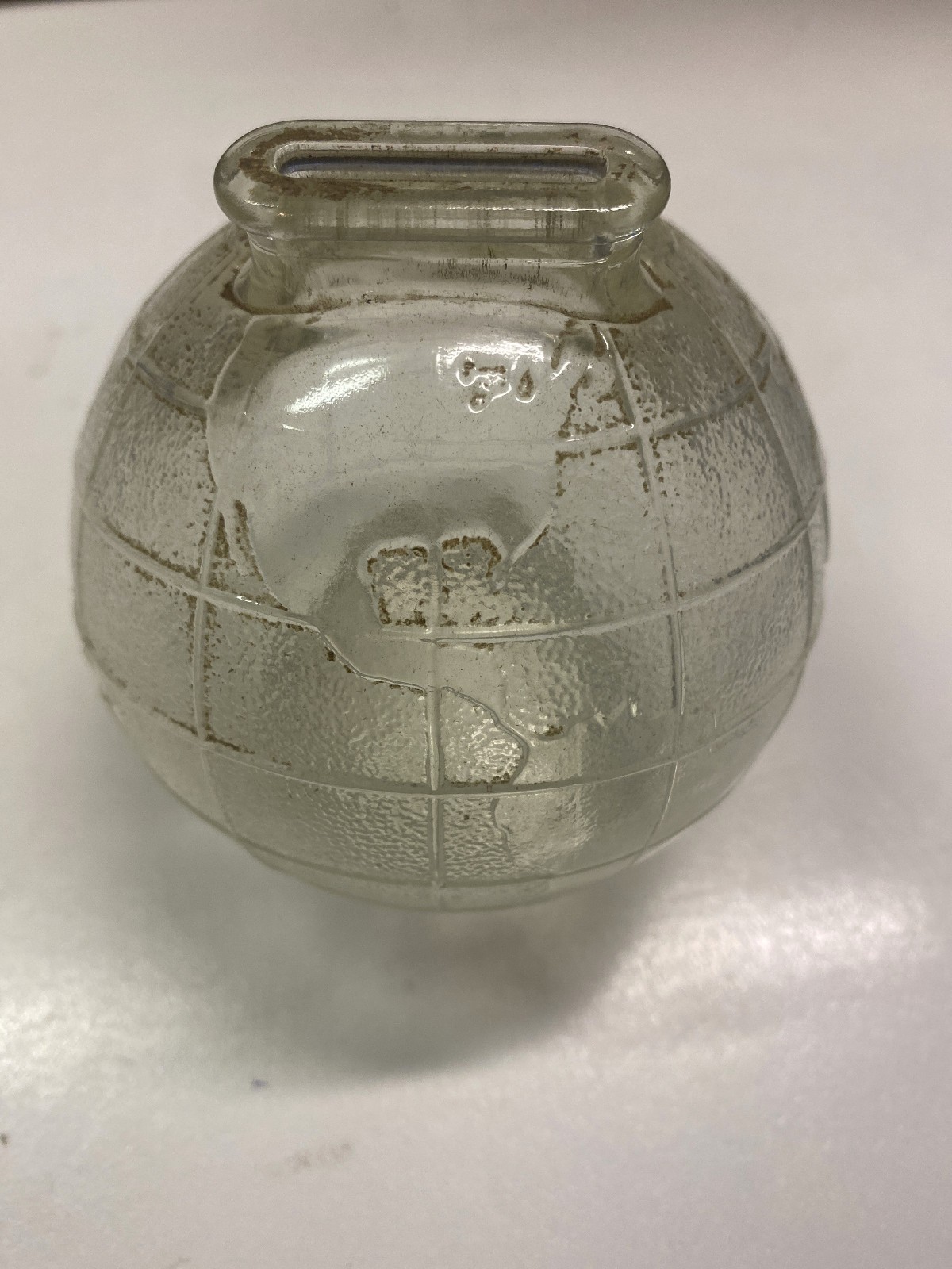 Vintage Clear Glass Globe Coin Bank Embossed World Map