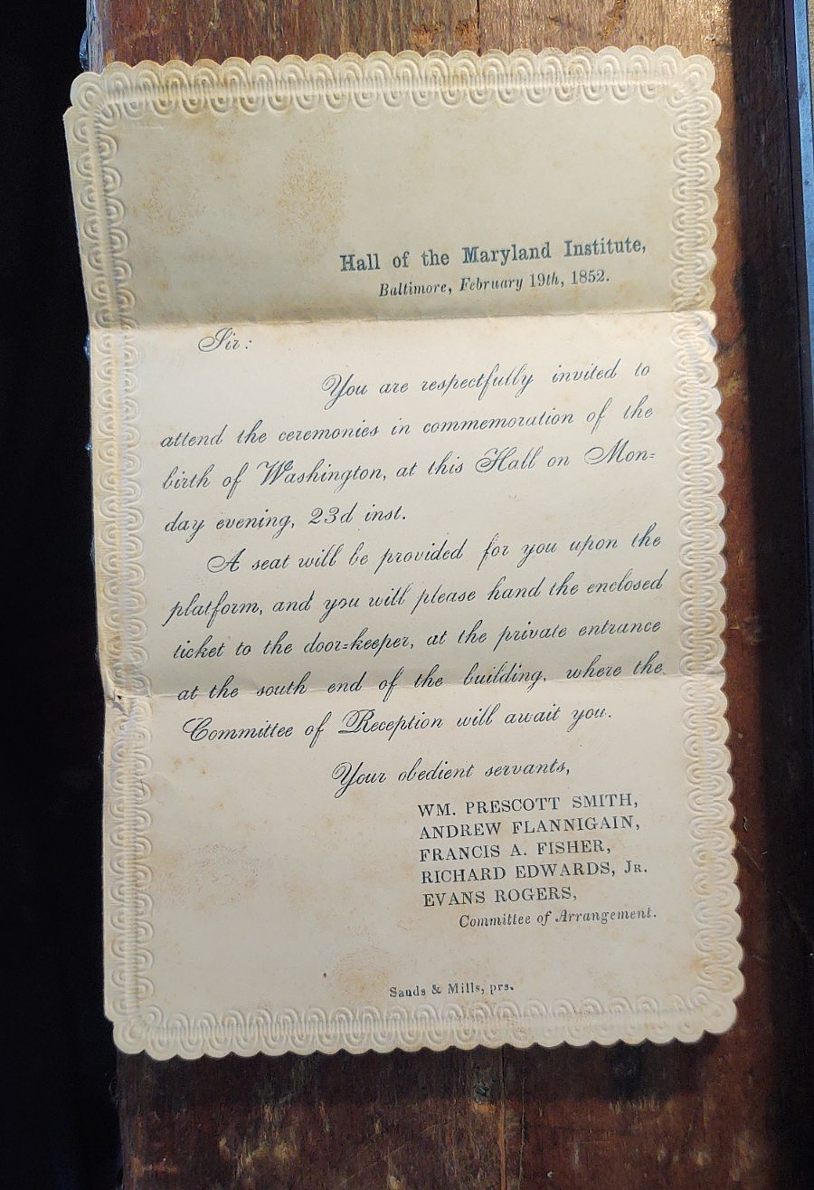 1852 Maryland Institute Invitation George Washington / WASHINGTON\'S BIRTHDAY