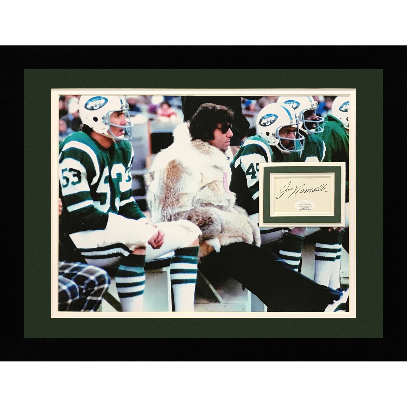 Joe Namath Autographed New York Jets (Fur Coat on Bench) Deluxe Framed 11x14 Pho Joe Namath Autographed New York Jets (Fur Coat on Bench) Deluxe Framed 11x14 Pho