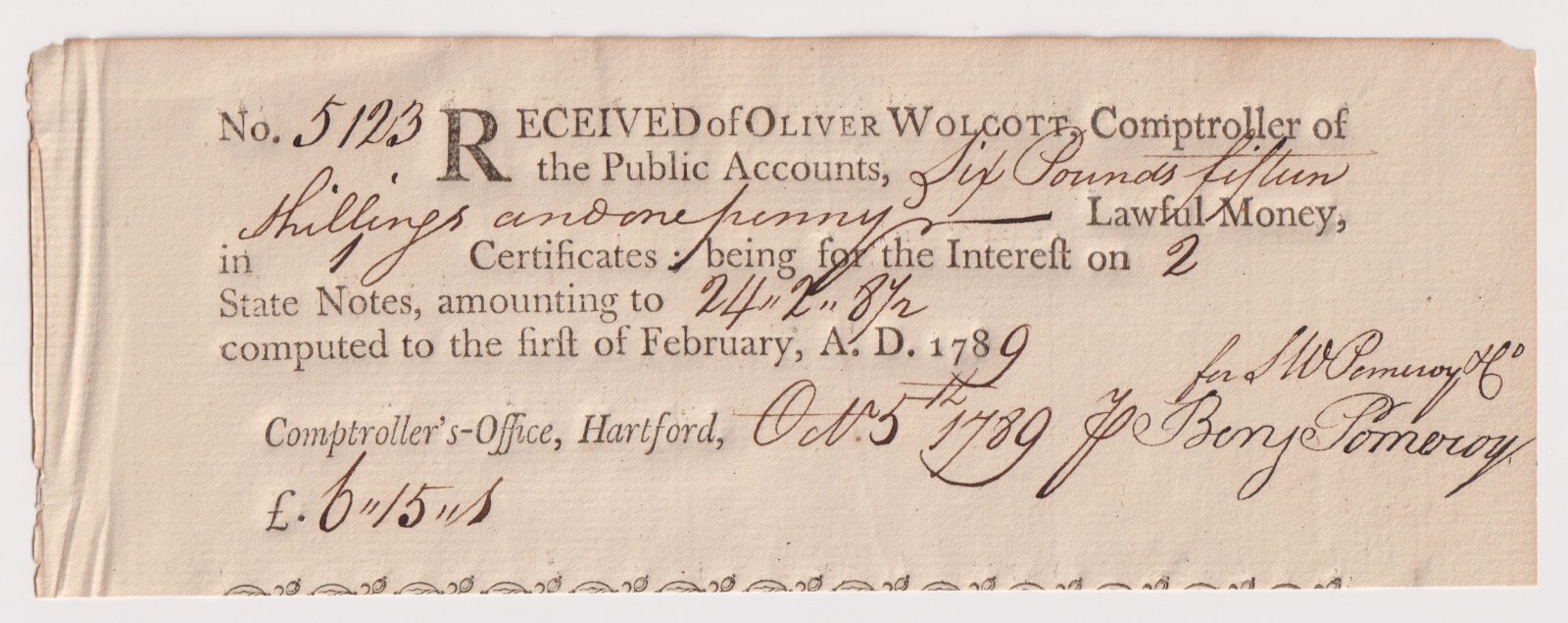 1789 Interest Receipt Hartford Connecticut Wolcott Revolutionary War 