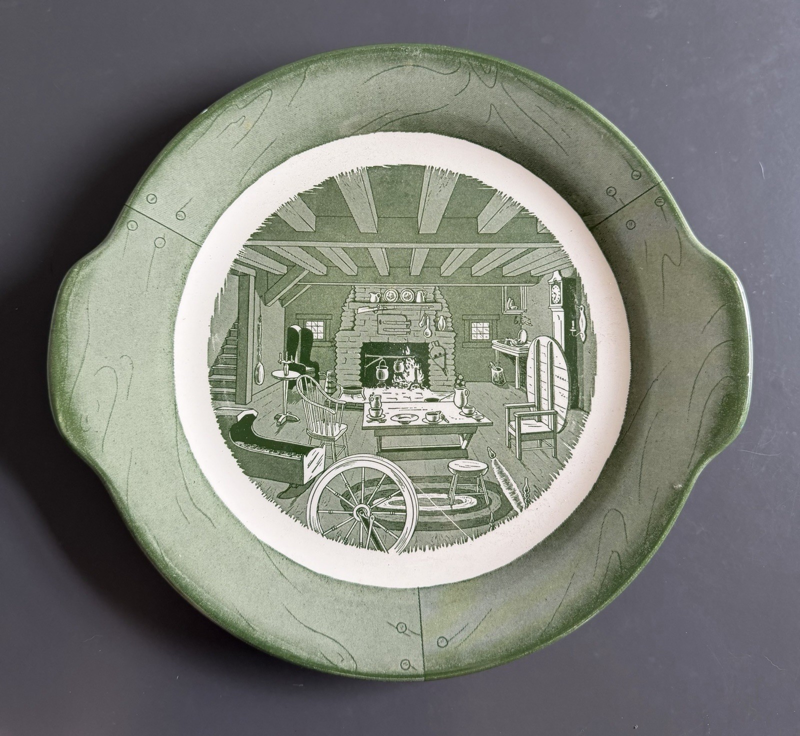 1950s COLONIAL HOMESTEAD Royal China Fire Place Tab Handled Cake Plate Platter