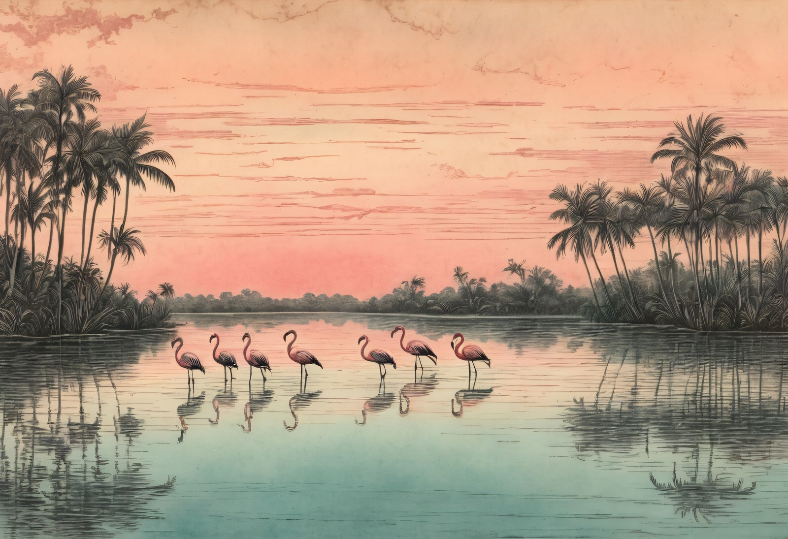 American Flamingos in Tropical Lagoon - Audubon-Style Wall Art Print