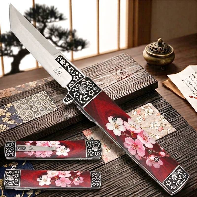 9” Cherry Blossom Flowers Art Folding Pocket Knife Tanto Blade Spring Assisted