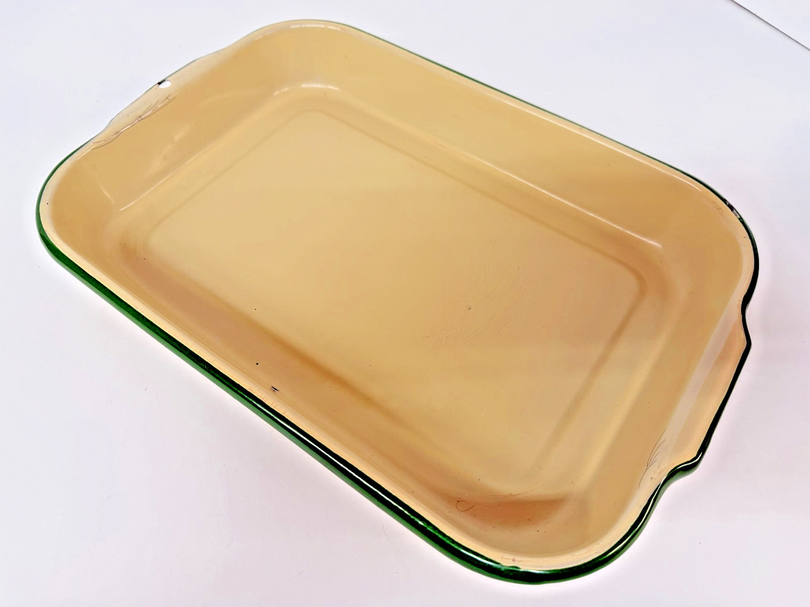 Enamelware Pan 9.5 X 14.5” Rectangle Yellow Cream/Green Trim Vintage NICE . Enamelware Pan 9.5 X 14.5” Rectangle Yellow Cream/Green Trim Vintage NICE .