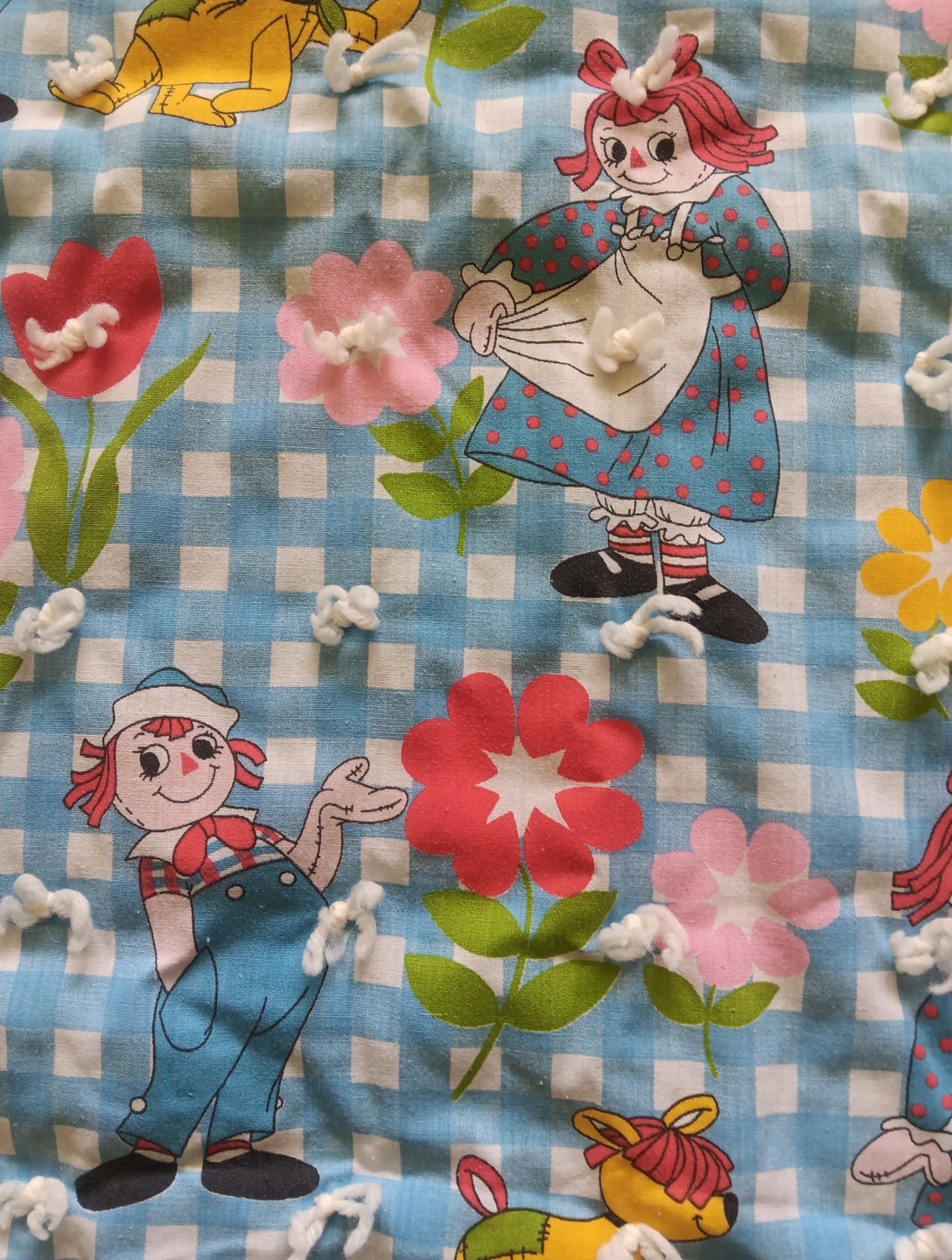 VTG Raggedy Ann & Andy Quilt Blanket–Blue Checkered Bobbs-Merrill 1970s  42 x 52