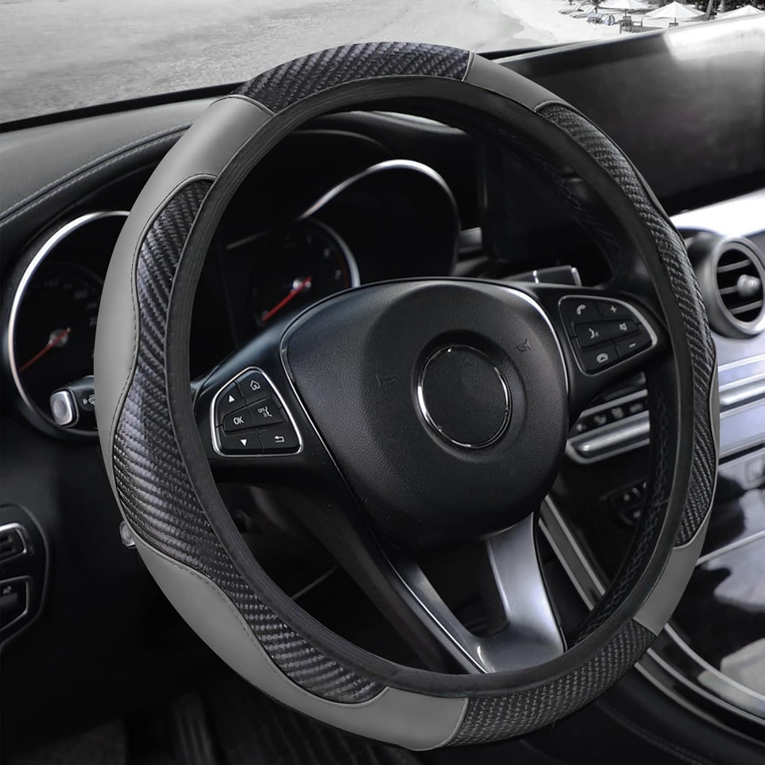 Car Steering Wheel Cover, Durable Leather Cover with Anti-Slip Lining, Carbon...