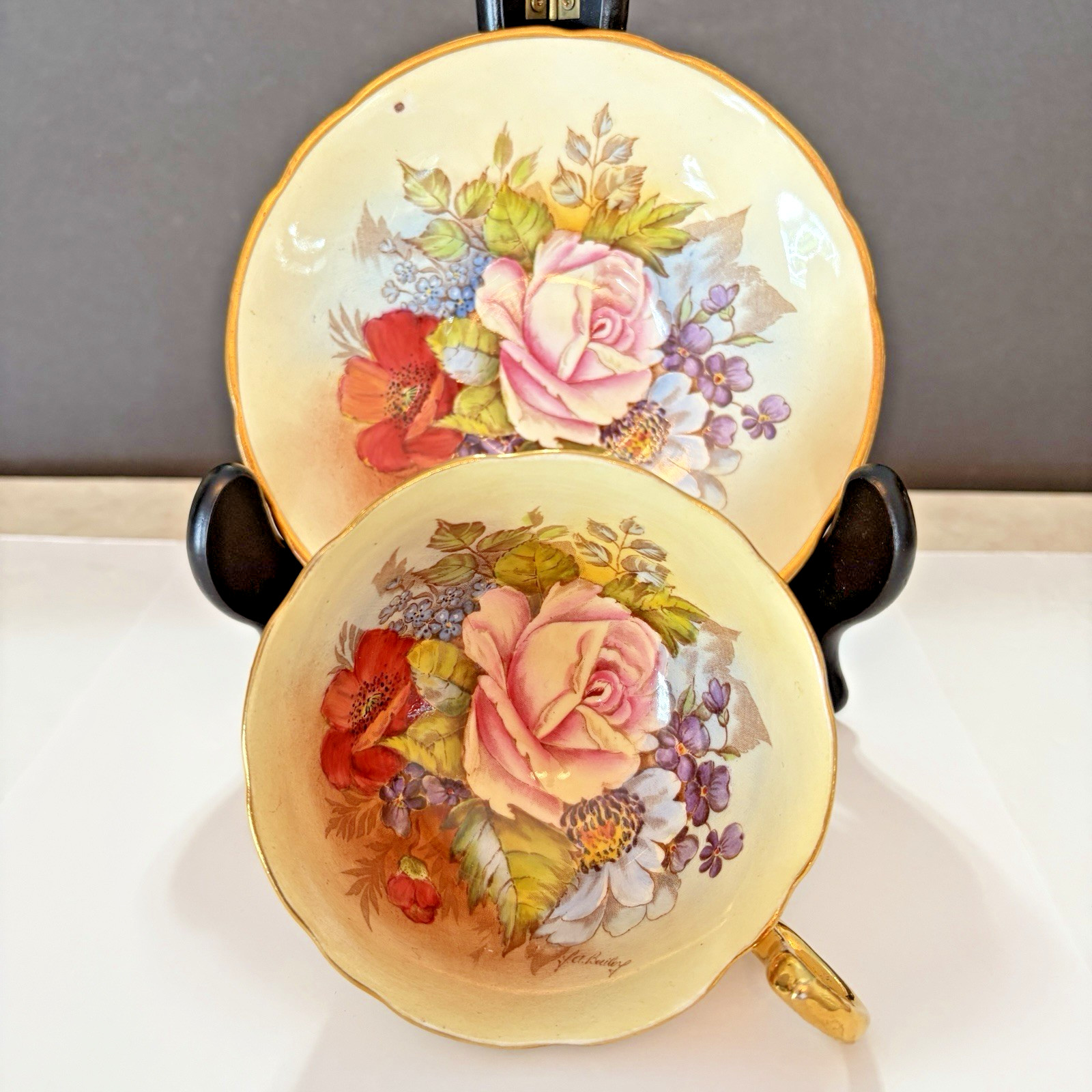 JA BAILEY SIGNED AYNSLEY ENGLAND BONE CHINA CABBAGE ROSE TEACUP SAUCER SET
