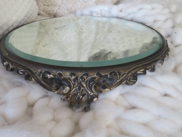 Old Antique Beveled PLATEAU MIRROR Footed Detailed Metal Rim for Display GHOSTY