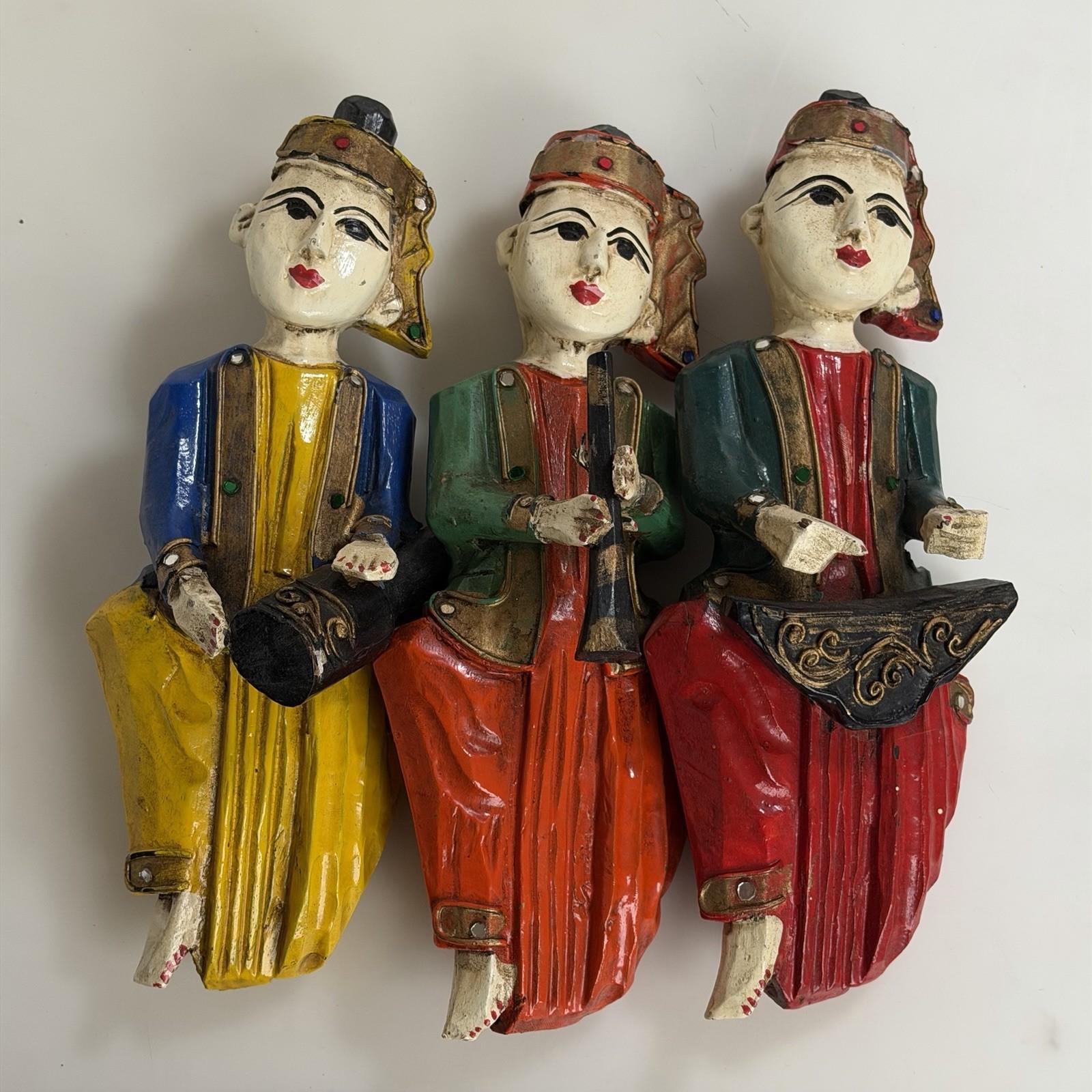 (3) Thai Wood Musicians Wall Hangings Burmese SE Asia Siam Thailand Drums VTG