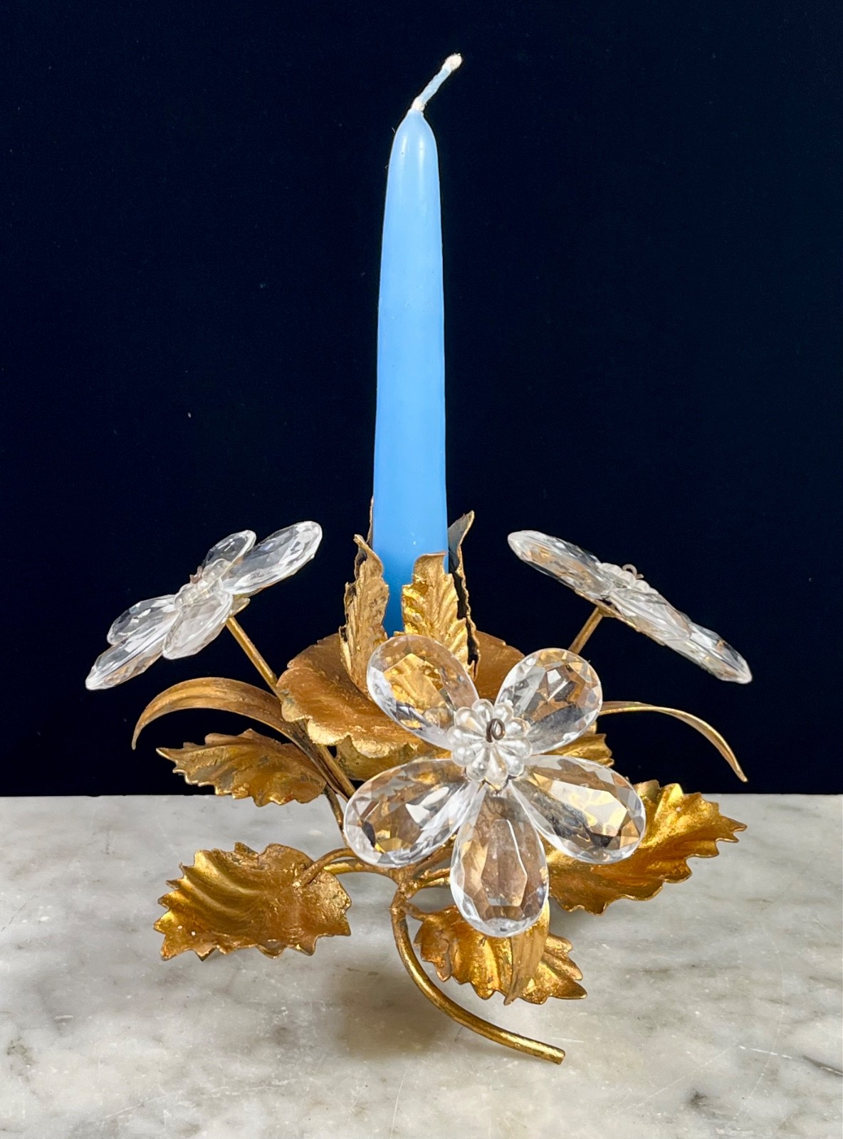 Vtg Italian Gilt Tole Crystal Floral Toleware Arrangement Sculpture candle holde Vtg Italian Gilt Tole Crystal Floral Toleware Arrangement Sculpture candle holde