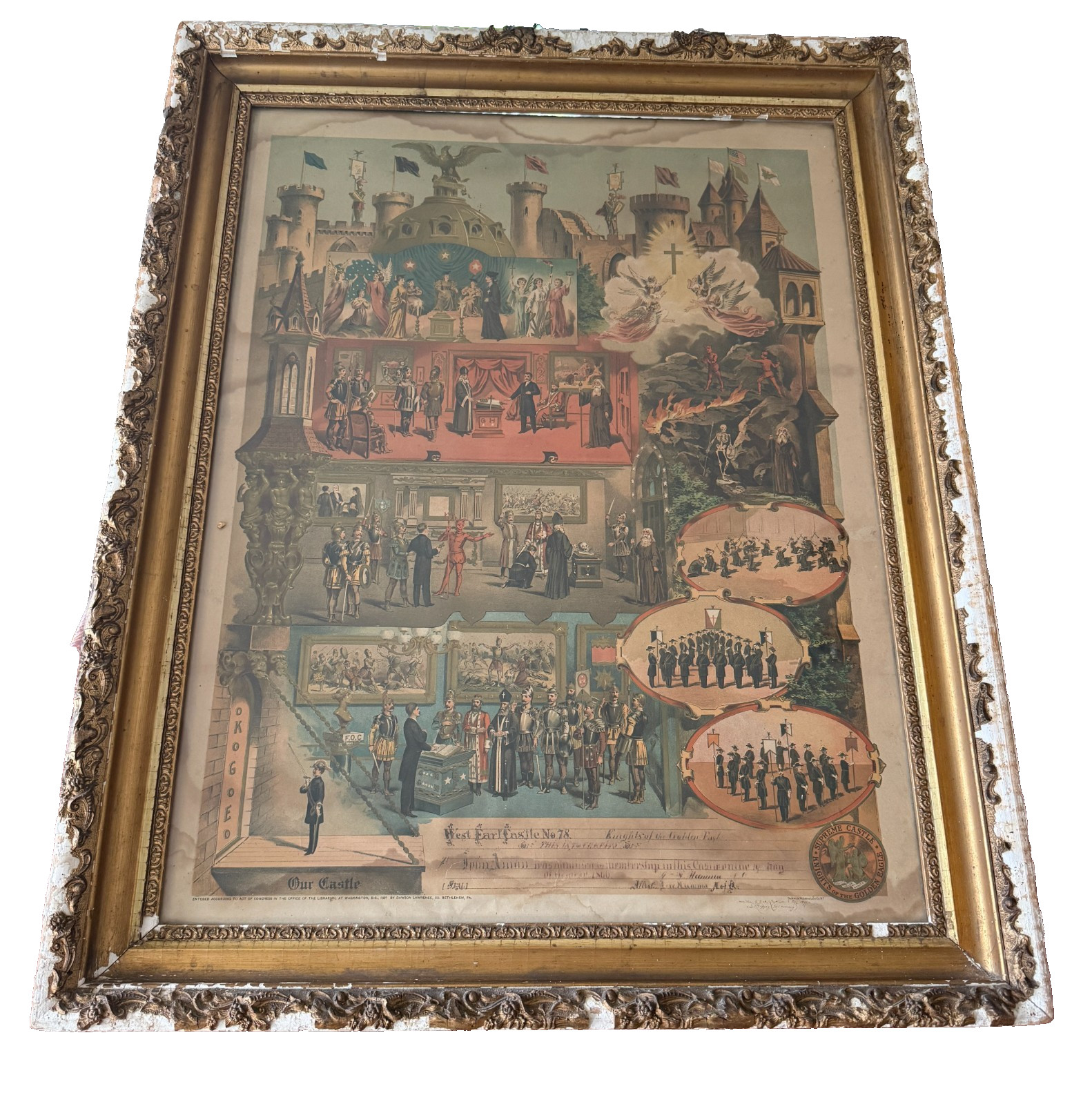 Antique Masonic Odd Fellows Degrees Lithograph Chart in Gilt Frame Antique Masonic Odd Fellows Degrees Lithograph Chart in Gilt Frame
