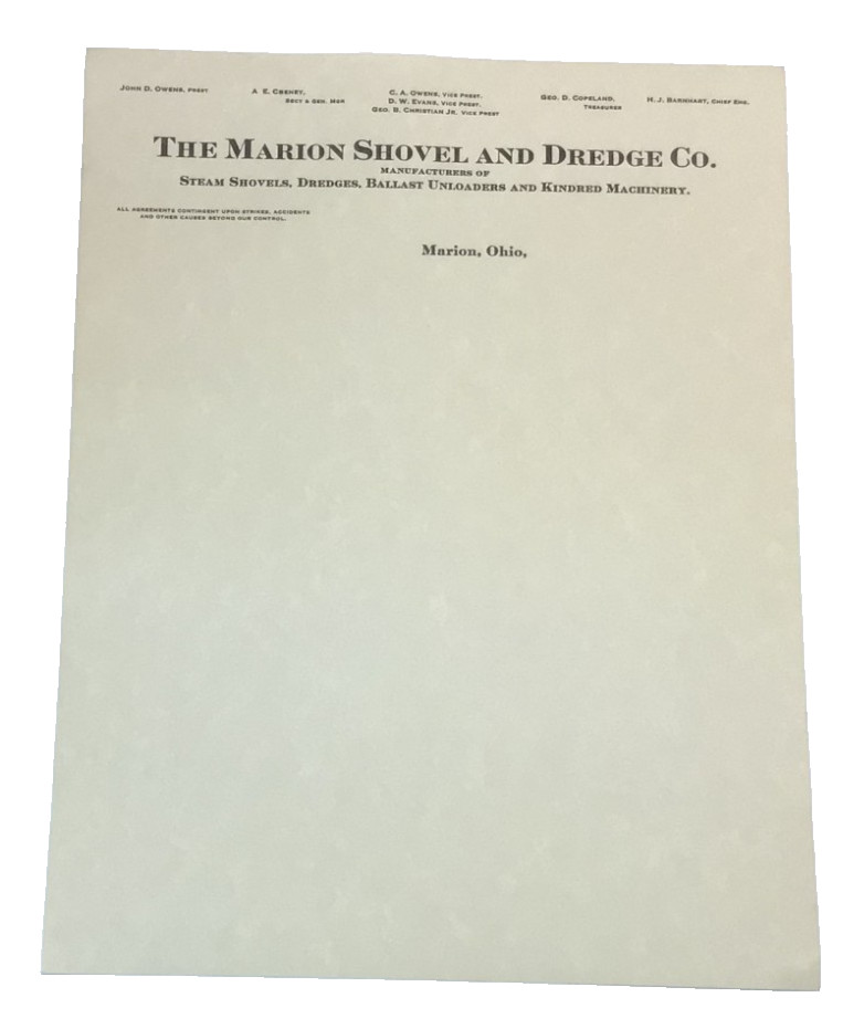 Rare Marion Shovel & Dredge Co. NOS  early 1900's Company Letterhead Stationery