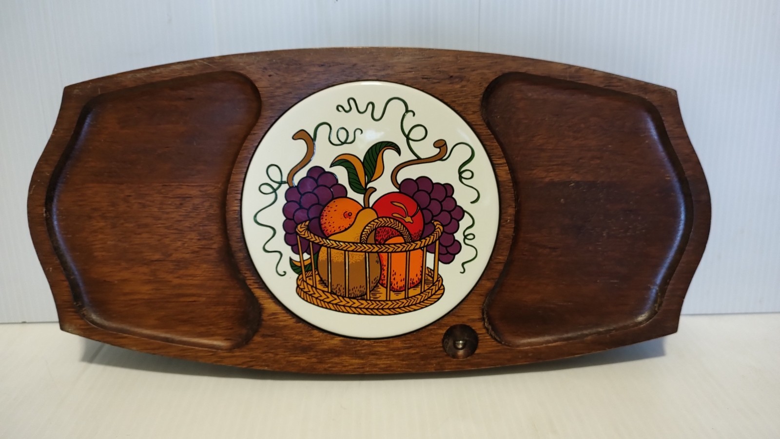 Vintage 70's Gail Craft Quality Woodenware Japan Ceramic Fruits Tile Cheese Tray Vintage 70's Gail Craft Quality Woodenware Japan Ceramic Fruits Tile Cheese Tray