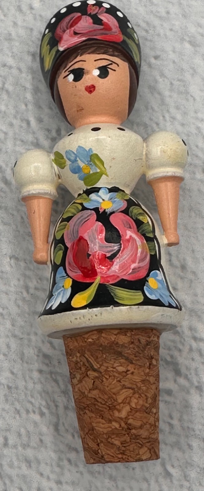 Vintage Hand Painted Wooden Lady Bottle Stopper Folk Art Floral Cork Barware