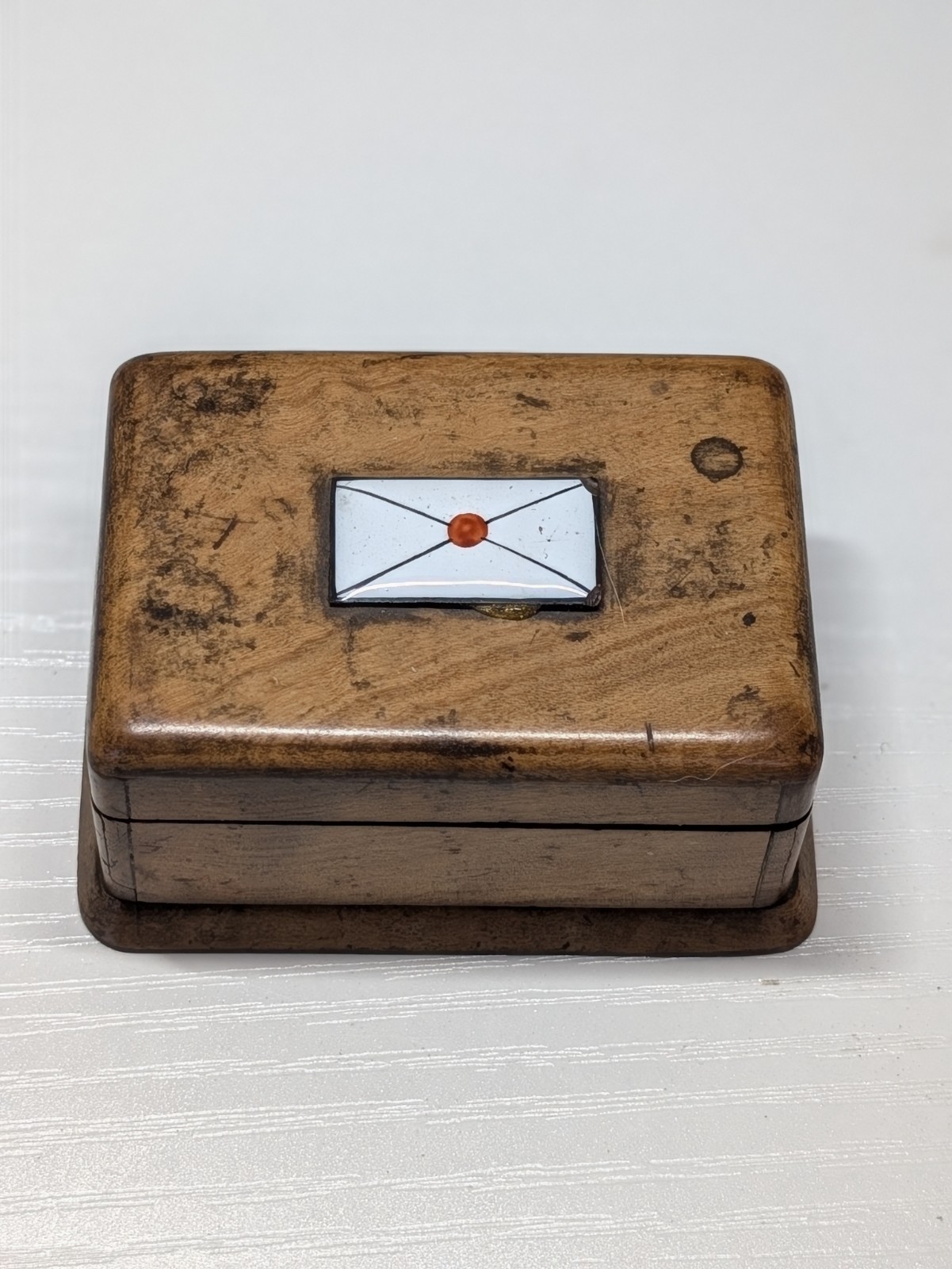 Antique Victorian Treen Stamp Box Inlaid Enamel Envelope Wax Seal Desk Caddy