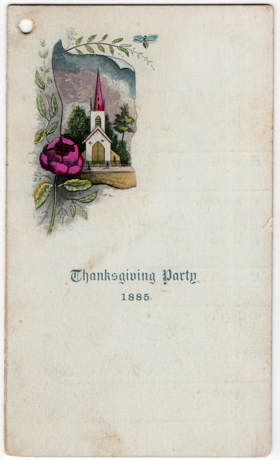 Thanksgiving Party Programme Dance Card for the Year 1885 Church & Rose Vignette