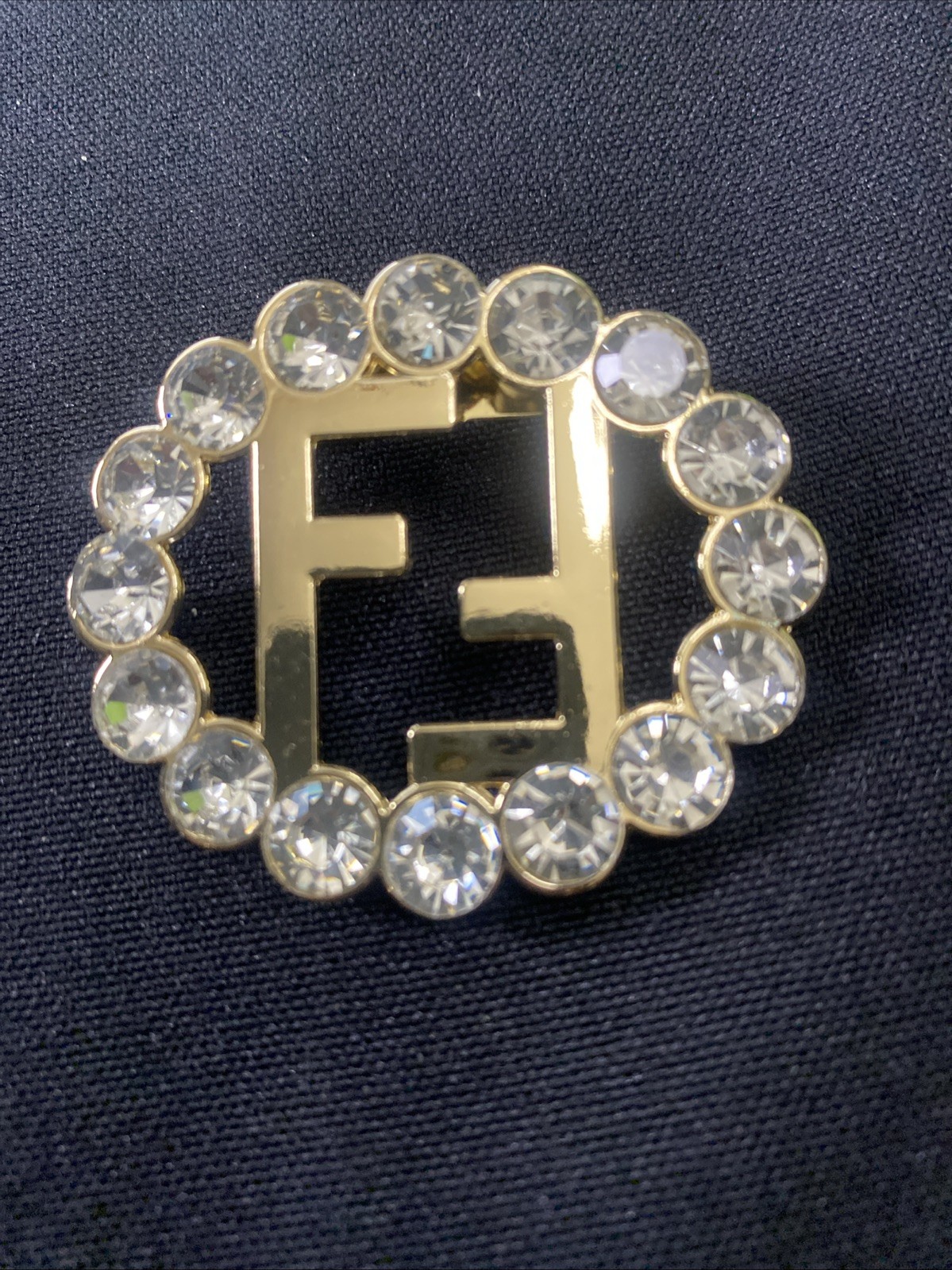 Fendi Luxury Designer Brooch Pin Gold Tone With Clear Rhinestones 