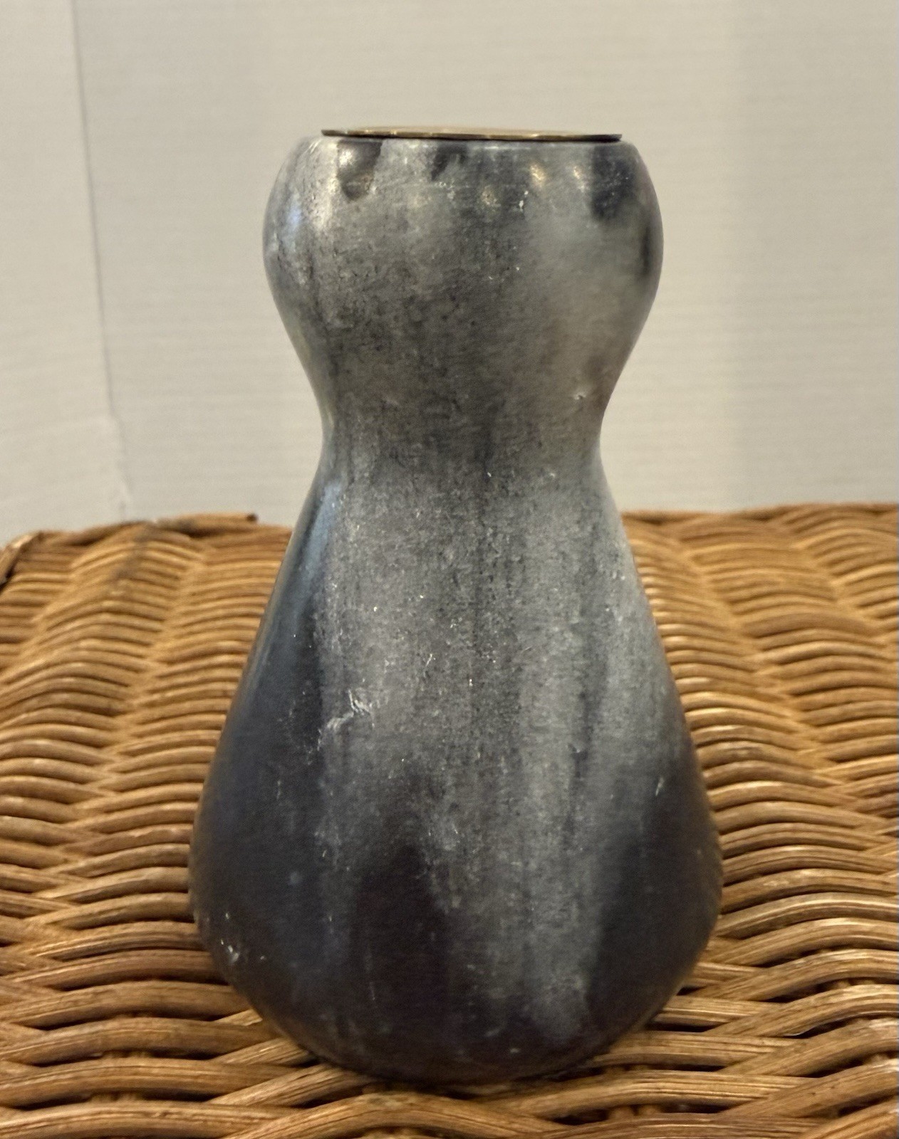 Vintage 1960’s Black & Gray  Marble Stone Candle Holder W Brass Insert