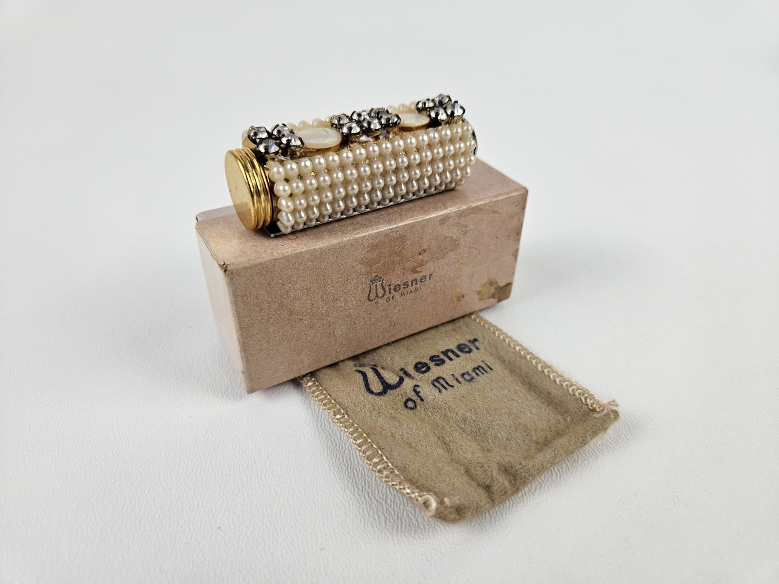 Vtg Wiesner Of Miami Bejeweled Lipstick Case w/ Original Box & Bag Distressed