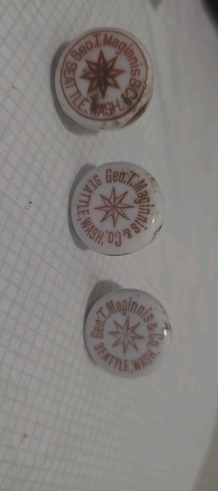 BeerBottleAntique Seattle,WASH  Geo.T.Maginnis&Co Porcelain StoppersBrewing.set3