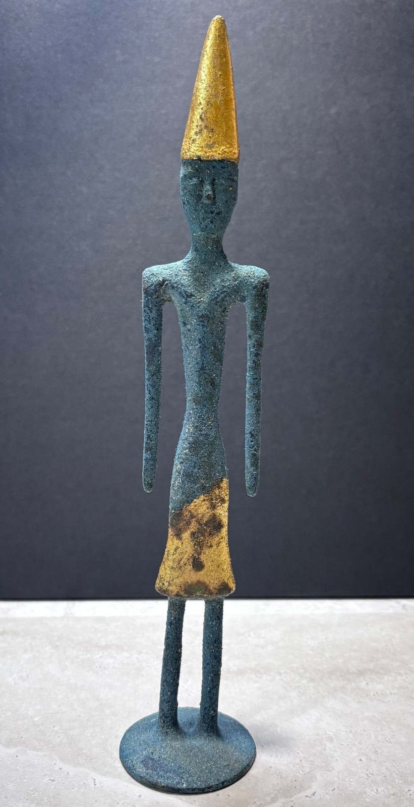 Vintage Phoenician Byblos Style Figure Statuette Cast Metal Blue Green 11\