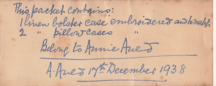 3 Antique 1938 Annie Auld Handwritten Luggage Tags Household Linen Inventory